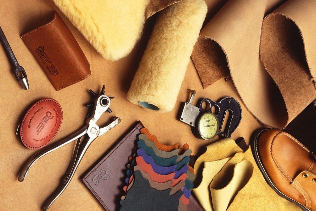 A variety of leather products and leather-working tools